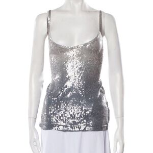 Donna Karan Cashmere Tank Top Grey Sequin Embellishments Scoop Neck